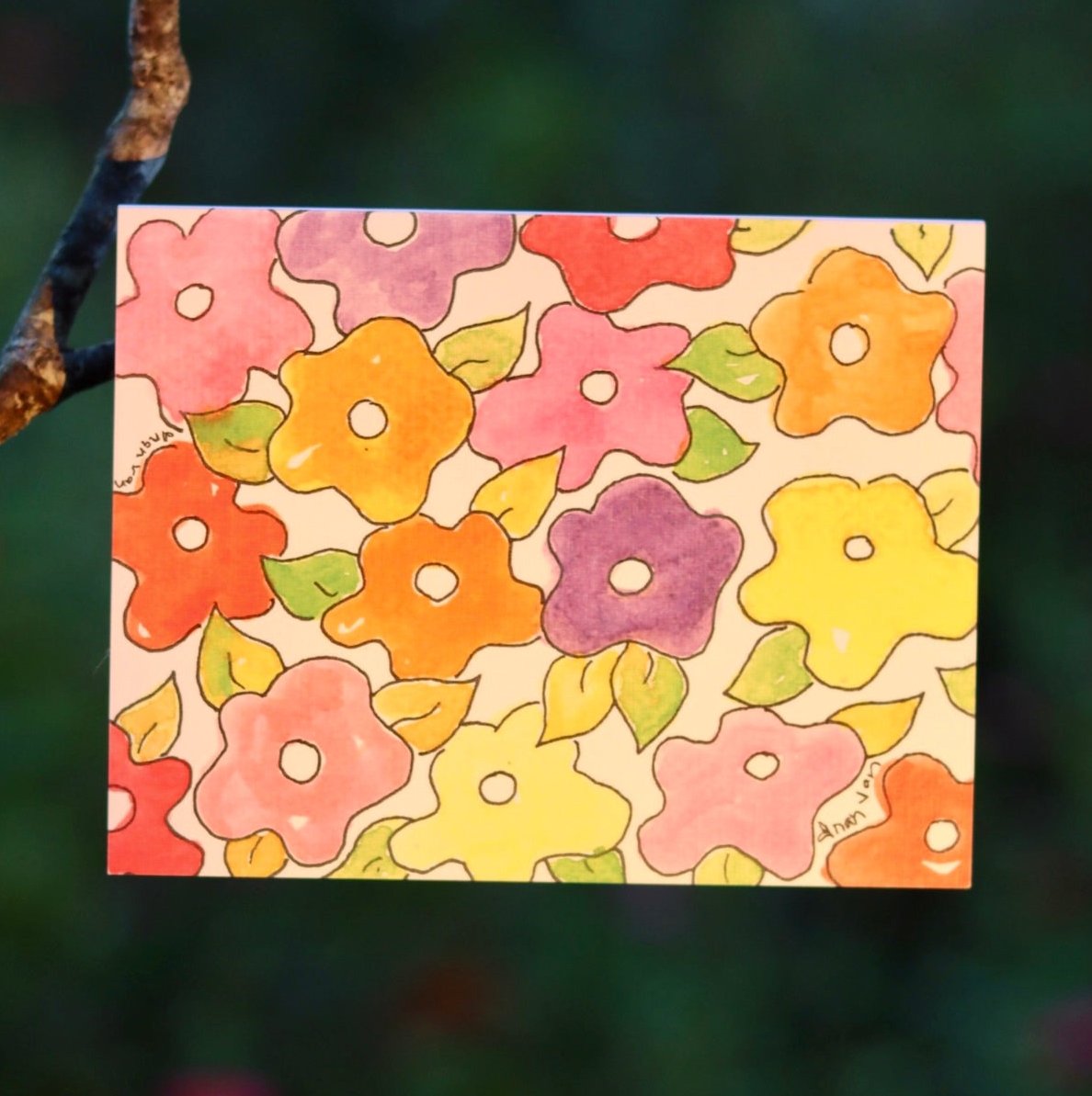 Bubble Flowers yellow pink red purple and orange card