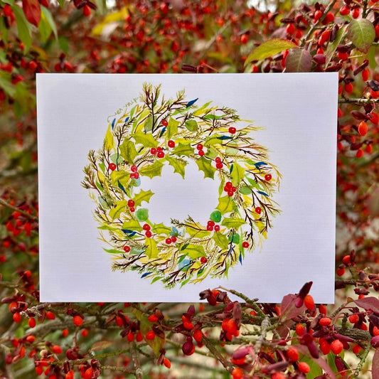 Christmas Tree Wreath Greeting Card Holly and Red Berries Christmas Card