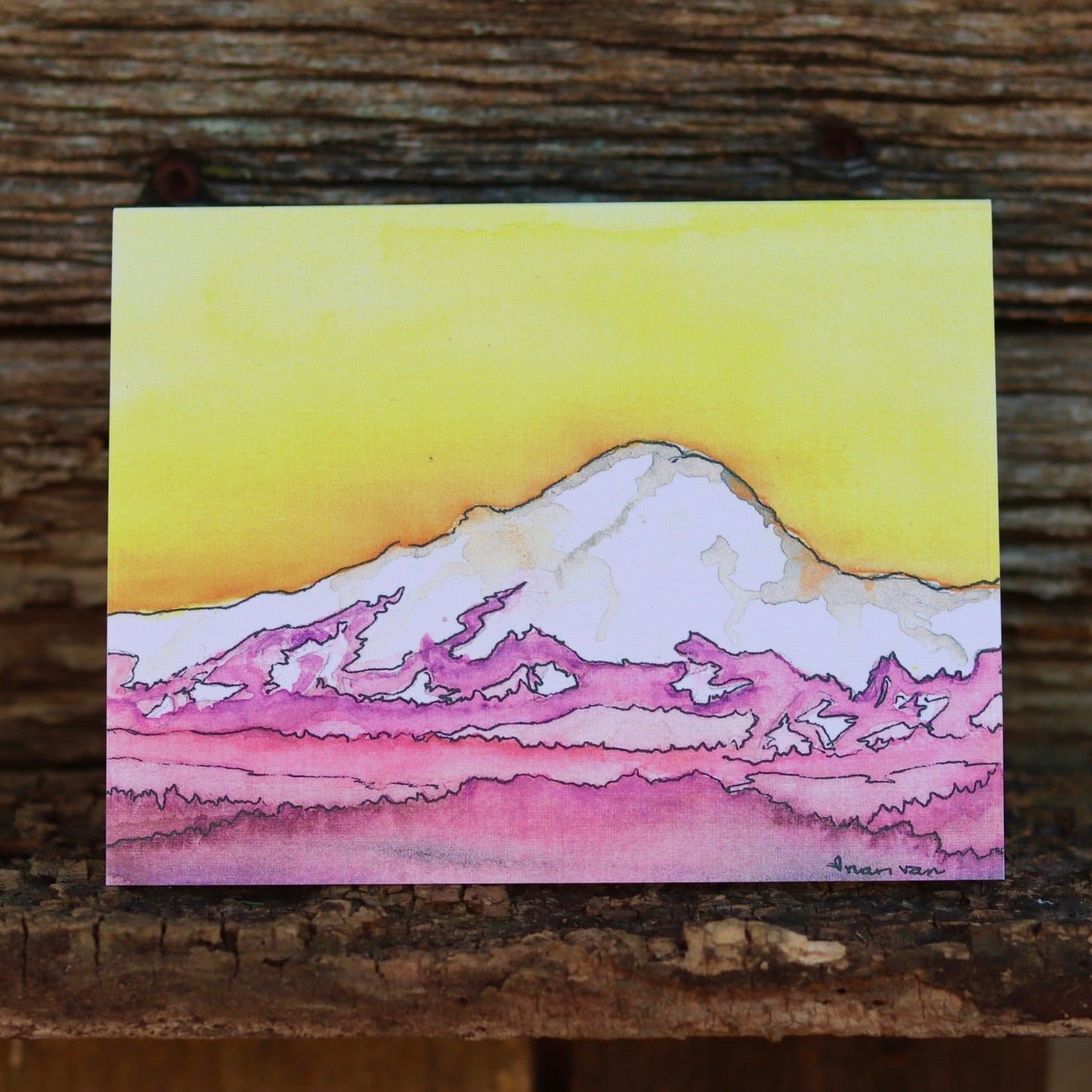 Mt Rainier from 35000 feet yellow sunset card