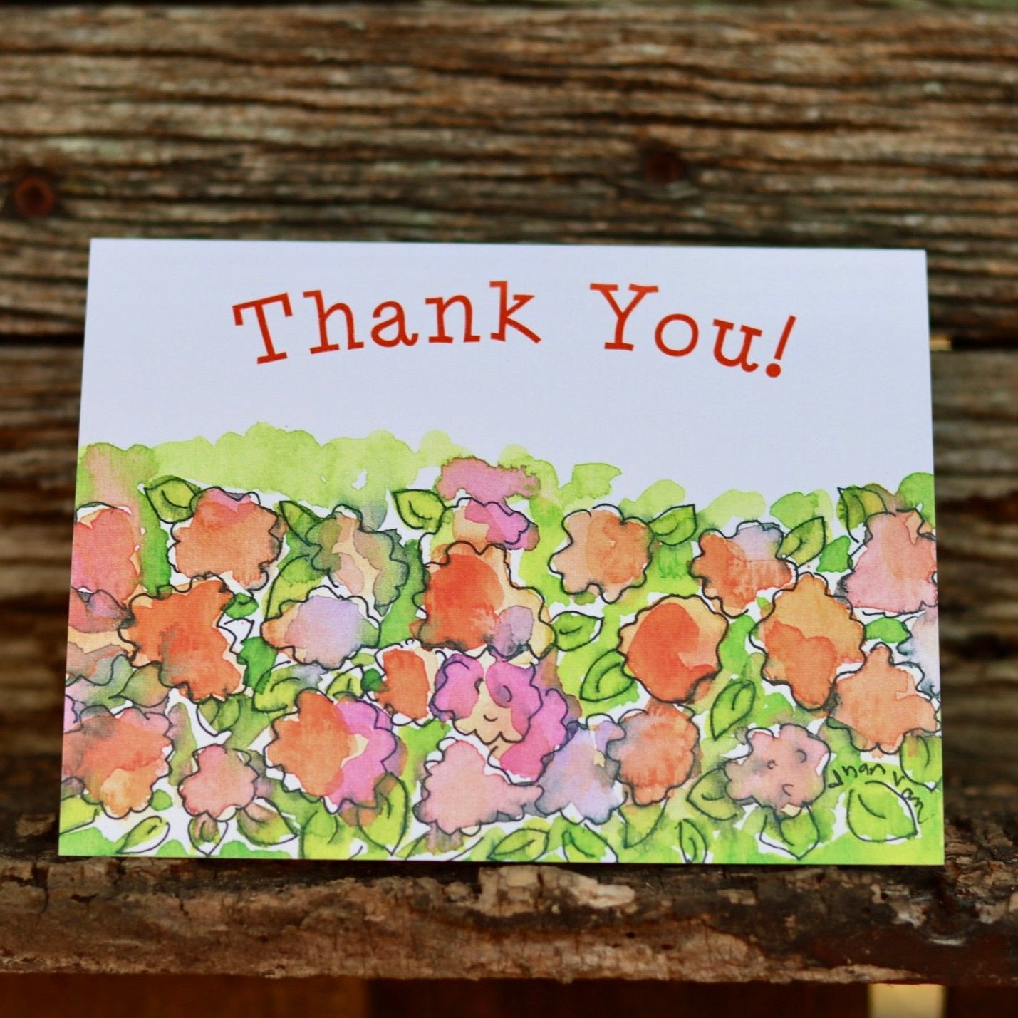 Thank you text pink and orange flowers greeting card