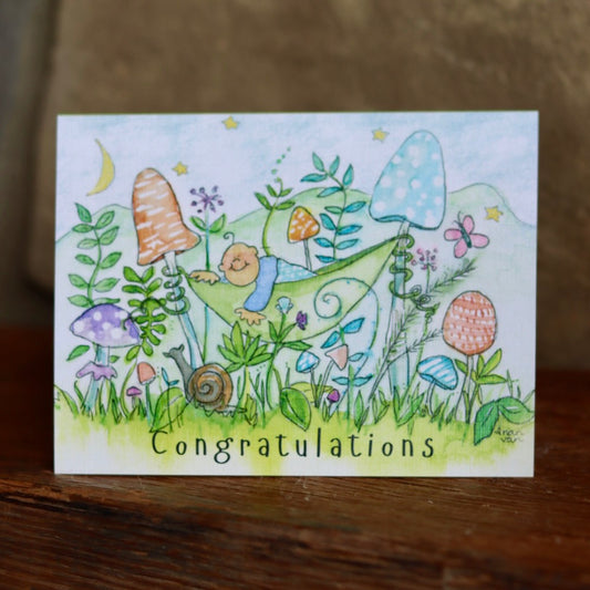 Baby Boy in field of Mushrooms/ Congratulations card for a baby boy