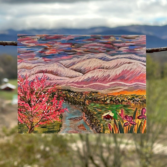 Blue Ridge Mountains Overlooking Farm with Red Barn Pink Tree and Flowers Greeting Card Nolichucky River