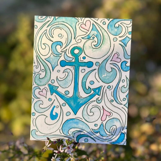 Blue anchor swirling waves and hearts card