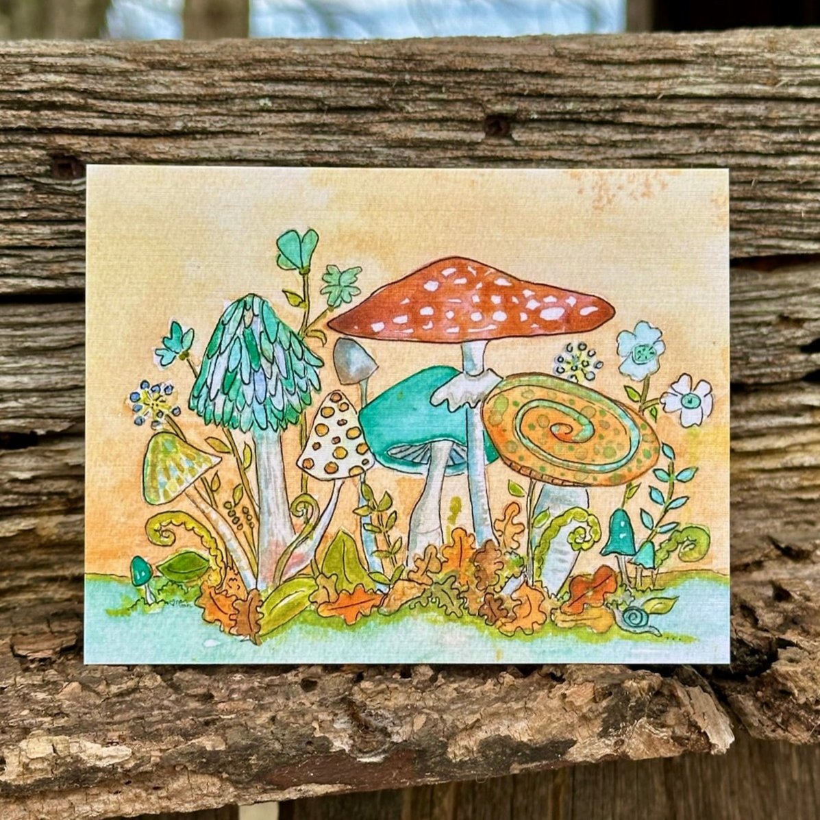 Fun Colorful Mushrooms Greeting Card Red Green Dotted