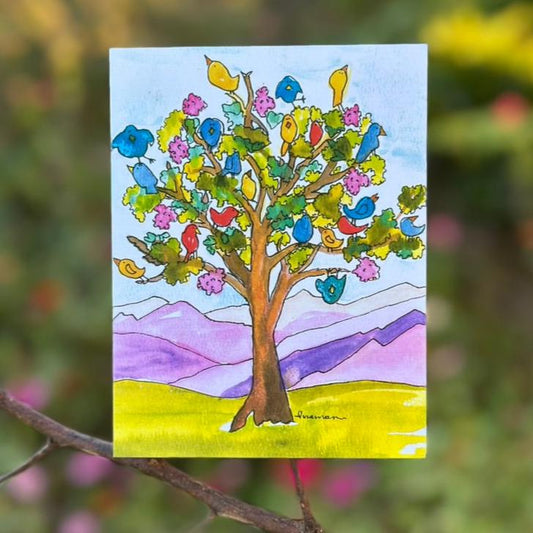 Fun flock of colorful birds in tree mountain backdrop card