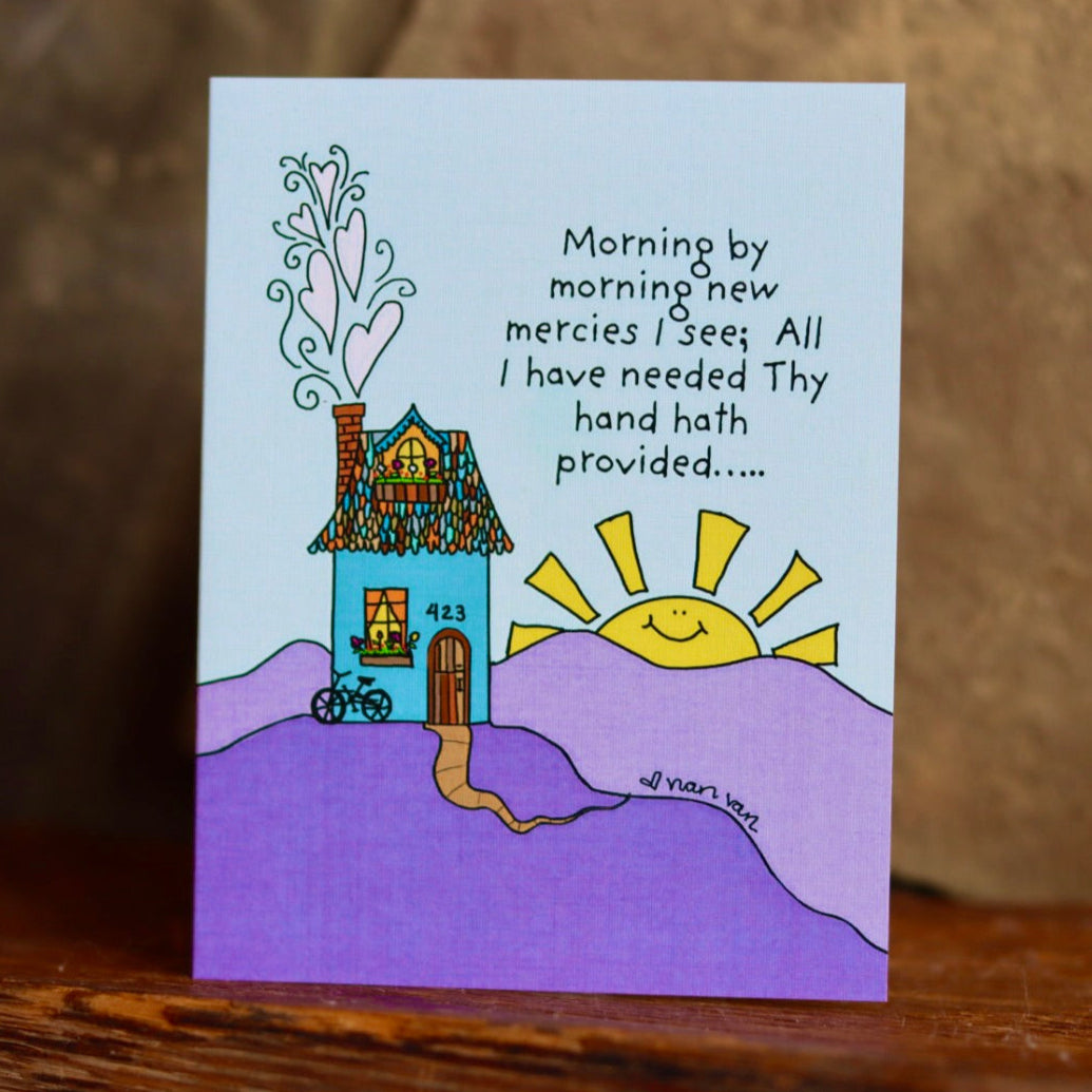 House on a hill with sun rising in the background based on the hymn Great is Thy Faithfulness
