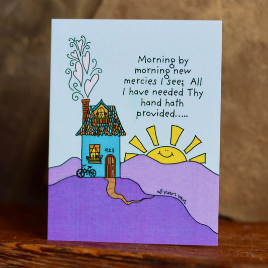 House on a hill with sun rising in the background based on the hymn Great is Thy Faithfulness