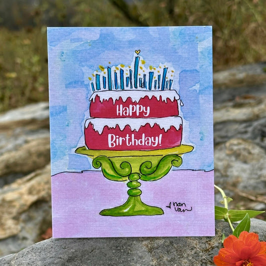 Happy Birthday Cake Card with blue and purple background