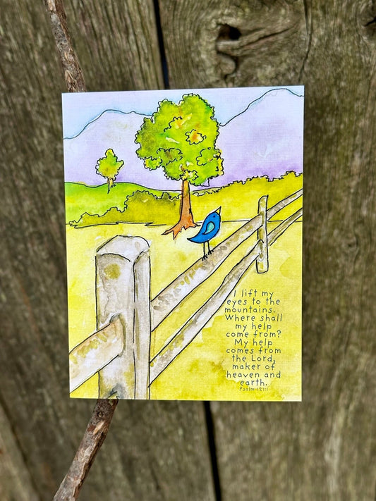 'I Lift My Eyes' Bluebird on a Fence