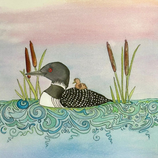 Mama Loon and Baby Loon Swimming Through Cattails (Print)