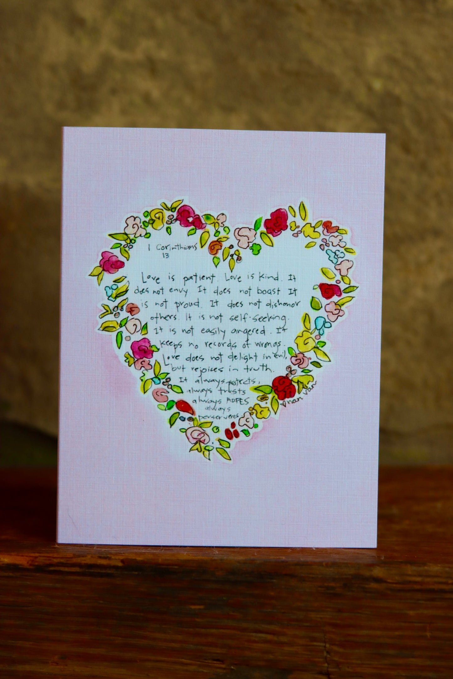 'Love is patient, Love is kind' Heart of Flowers Card