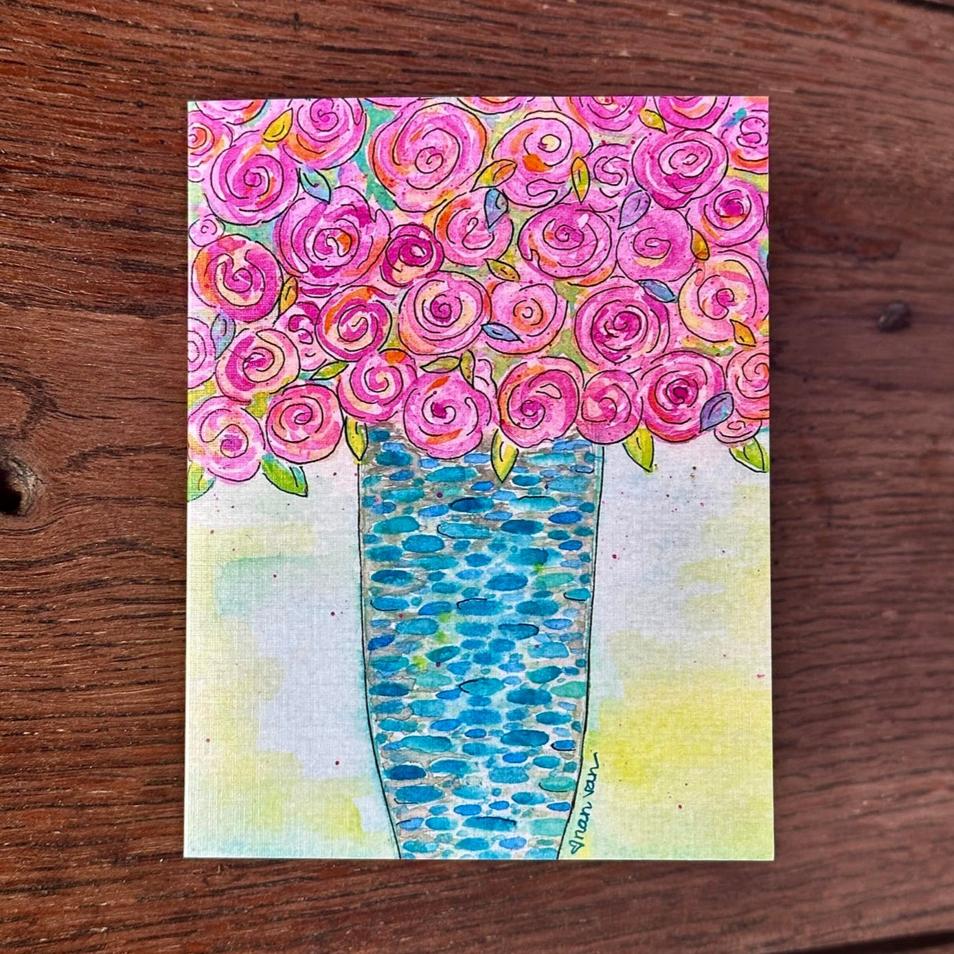 Roses in a Colorful Blue Vase Card