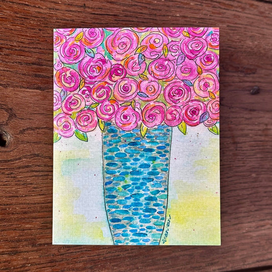 Roses in a Colorful Blue Vase Card