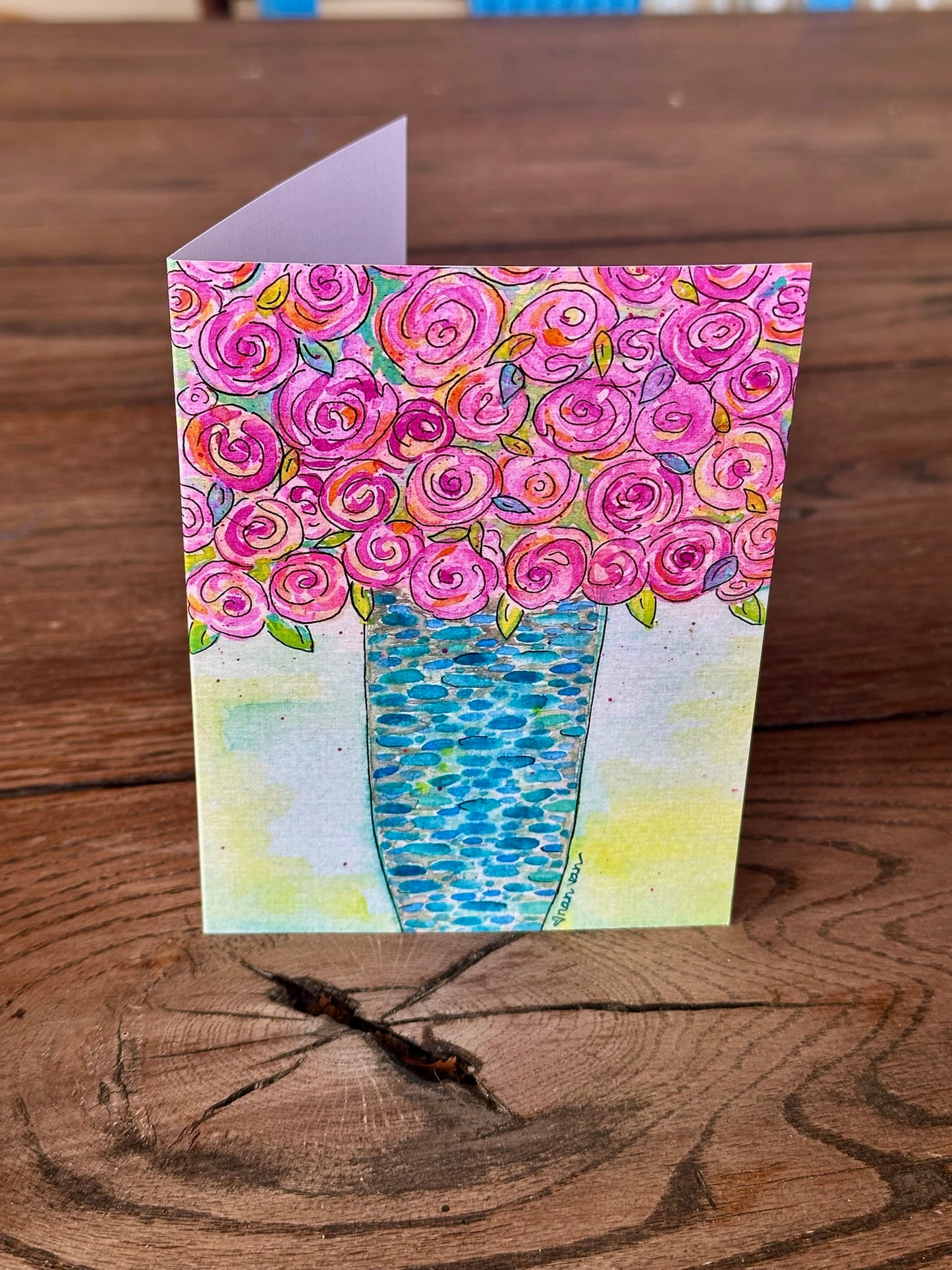 Roses in a Colorful Blue Vase Card