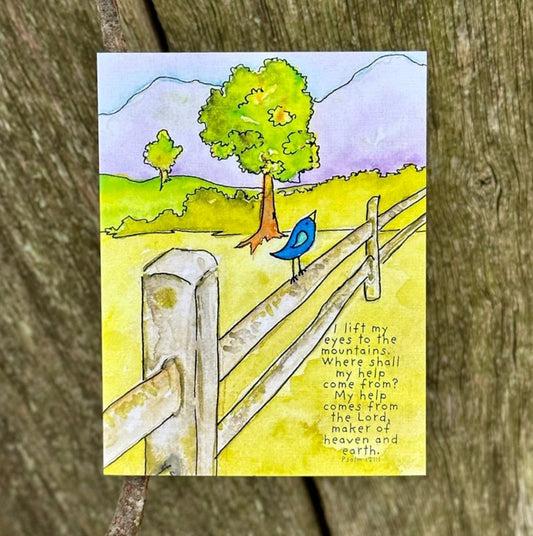 I lift my eyes to the mountains Blue Bird on Fence Psalm 121:1 Scripture Greeting Card