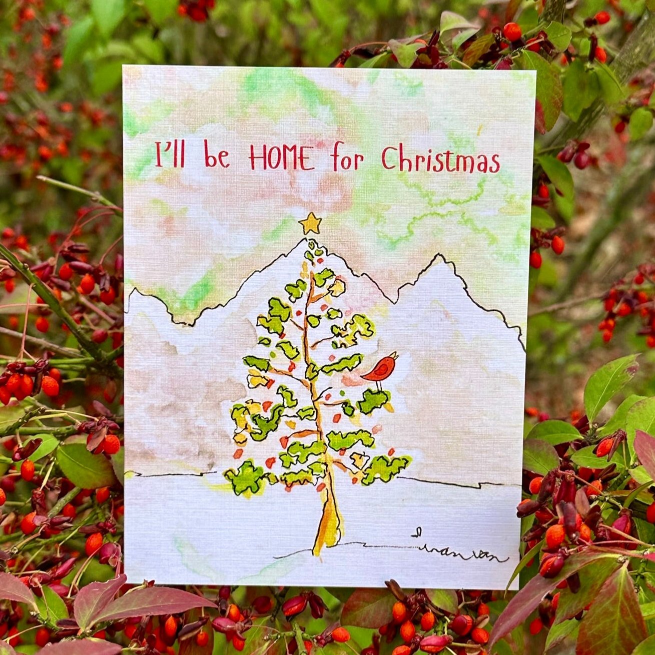 I'll be Home for Christmas Greeting Card Red Bird on Tree Mountain Backdrop