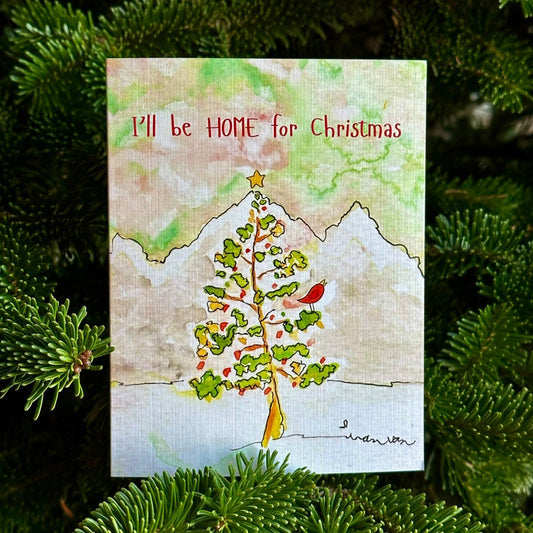 I'll be home for Christmas Tree Red Bird with Mountains and Snow Greeting Card