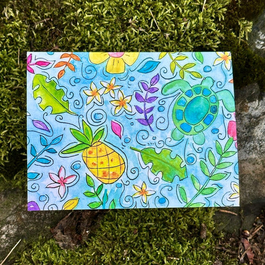 Kona Seascape Pineapple Turtle Flowers Greeting Card