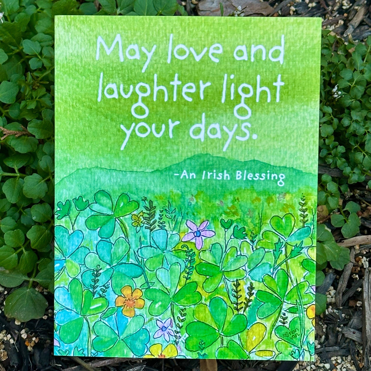 MAY LOVE AND LAUGHTER LIGHT YOUR DAYS IRISH BLESSING GREETING CARD four leaf clover field green mountain
