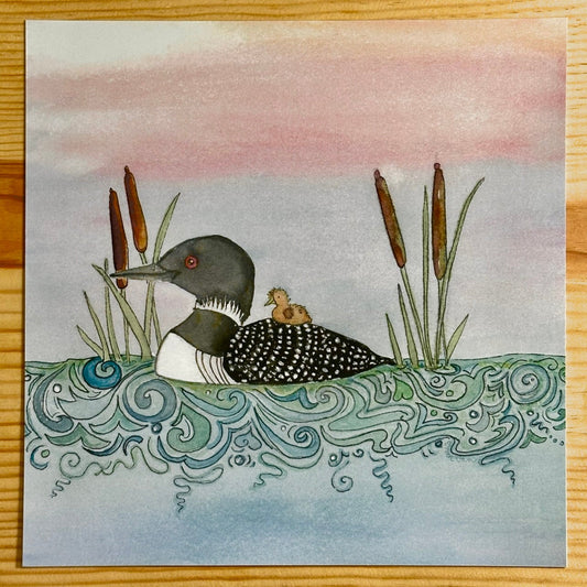 Mama Loon and Baby Loon Swimming through cattails frame ready print