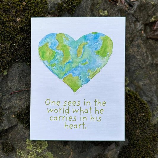 One sees in the world what he carries in his heart text Heart Shaped World Map Greeting Card