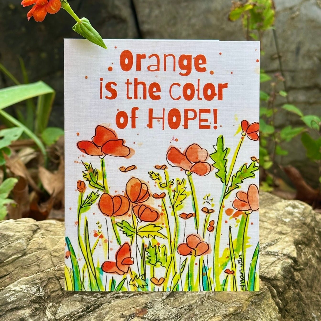 Orange is the Color of Hope text in Field of Orange Poppies Greeting Card