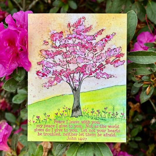 Peace I leave with you John 14:27 Pink Tree with Yellow Sky Encouragement Greeting Card