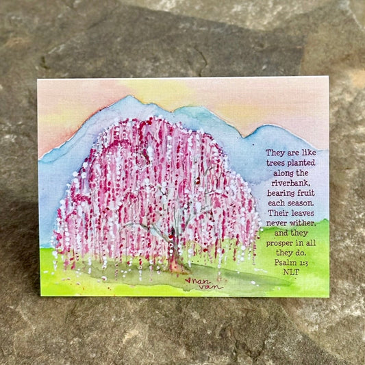 Psalm 1:3 Plum Blossom Tree with mountain backdrop greeting card