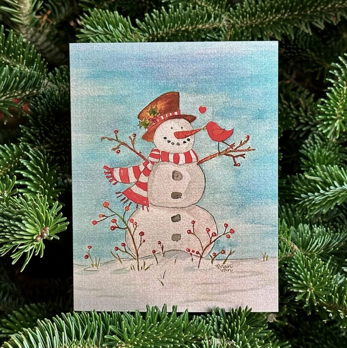 Mr. Snowman with Top Hat and Redbird in Snow with Blue Skies Greeting Card