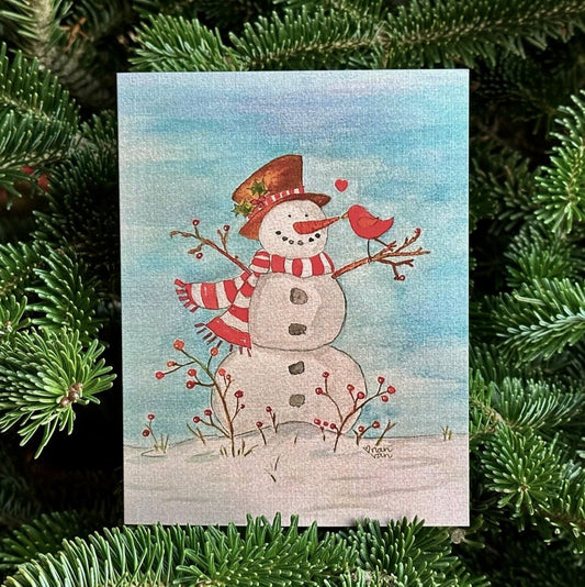 Mr. Snowman with Top Hat and Redbird in Snow with Blue Skies Greeting Card