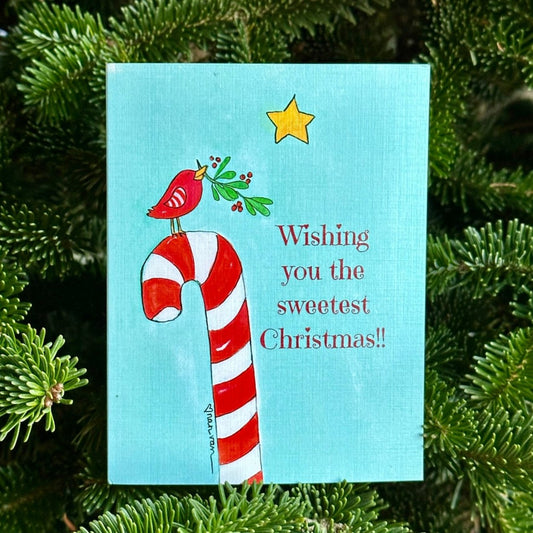 Wishing you the Sweetest Christmas Redbird on Candy Cane with Yellow Star Greeting Card