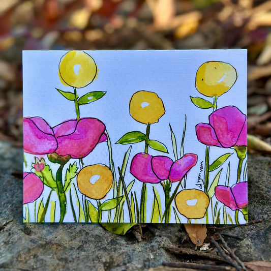 Yellow ball flowers and pink poppies card