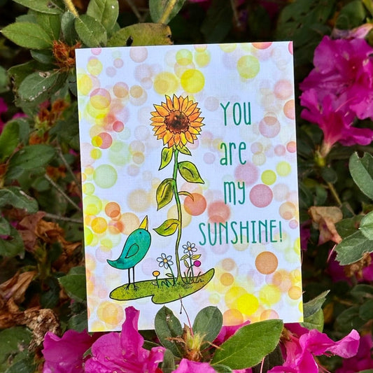 You are my sunshine Bluebird Admiring Sunflower with Yellow Red and Orange Bubbles Greeting Card
