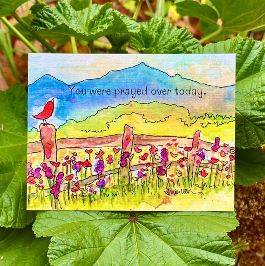You were prayed over today text with redbird on a fence looking at the mountains and flowers