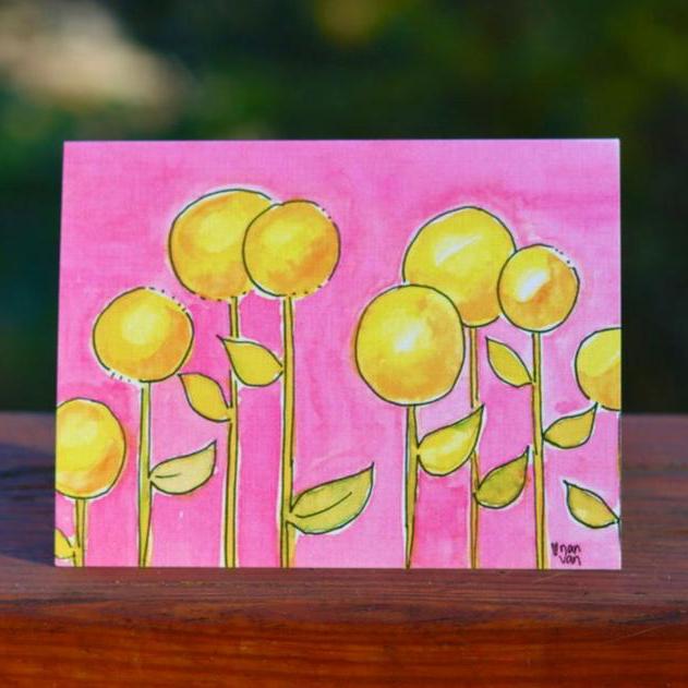 fun yellow bubble flowers pink background greeting card