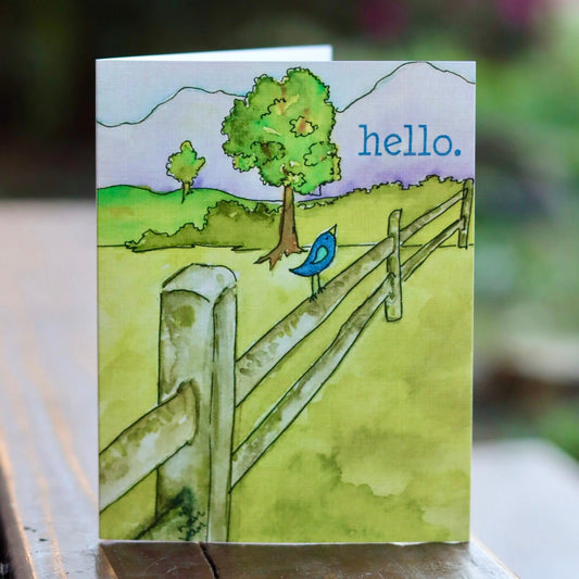 hello text bluebird on fence looking at mountains greeting card
