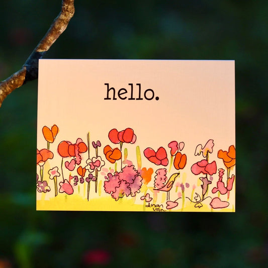 hello text red poppies and wildflowers greeting card