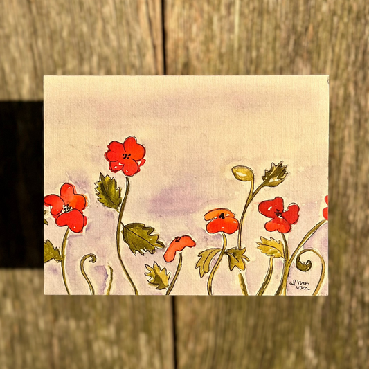 red flowers purple sky greeting card