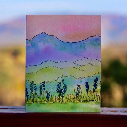 rocky mountain blues wildflower patch mountain backdrop greeting card