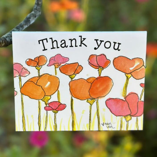 thank you text orange and pink poppies greeting card